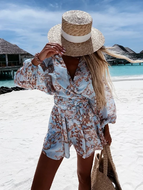 2024 Sexy Deep V Neck Casual Boho Vacation Fashion Print Lantern Sleeve Dress