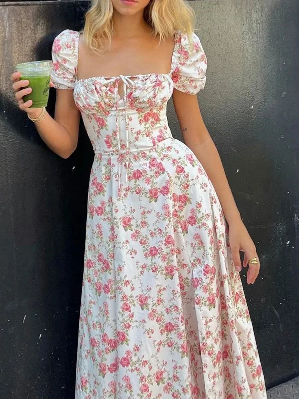 MegaBetty - Boho Long Dresses 2024 Women Summer Puffle Flutter Short Sleeve Square Neck Floral Elastic Waist Dress Evening Party Beachwear