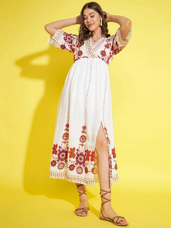 Women's Cream & Red Printed Dress - StyleStone