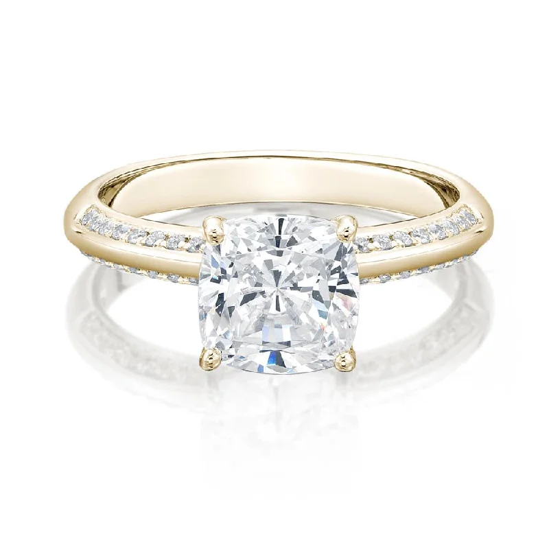 Cushion and Round Brilliant shouldered engagement ring with 1.87 carats* of diamond simulants in 14 carat yellow gold