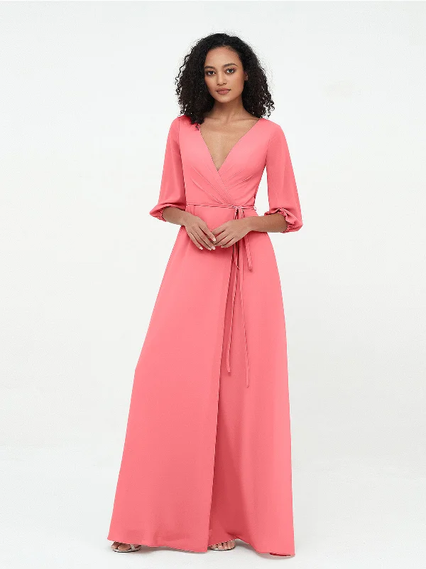 Deep V-neck 1/2 Sleeves Chiffon Max Dresses-Watermelon