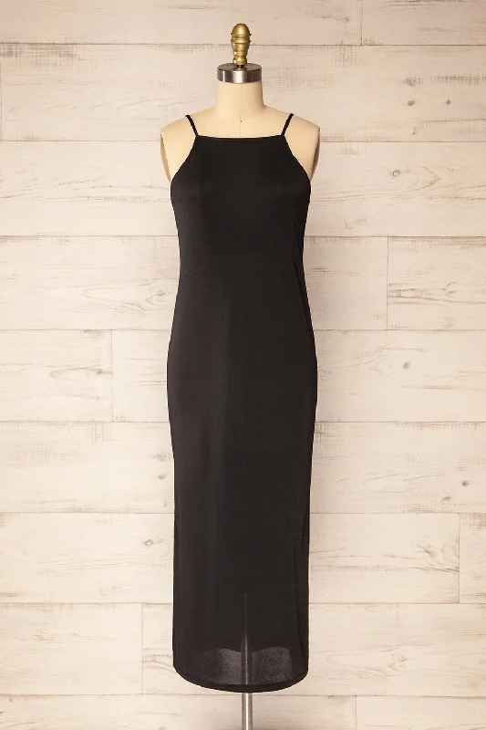 Faulina | Loose Black Halter Midi Dress