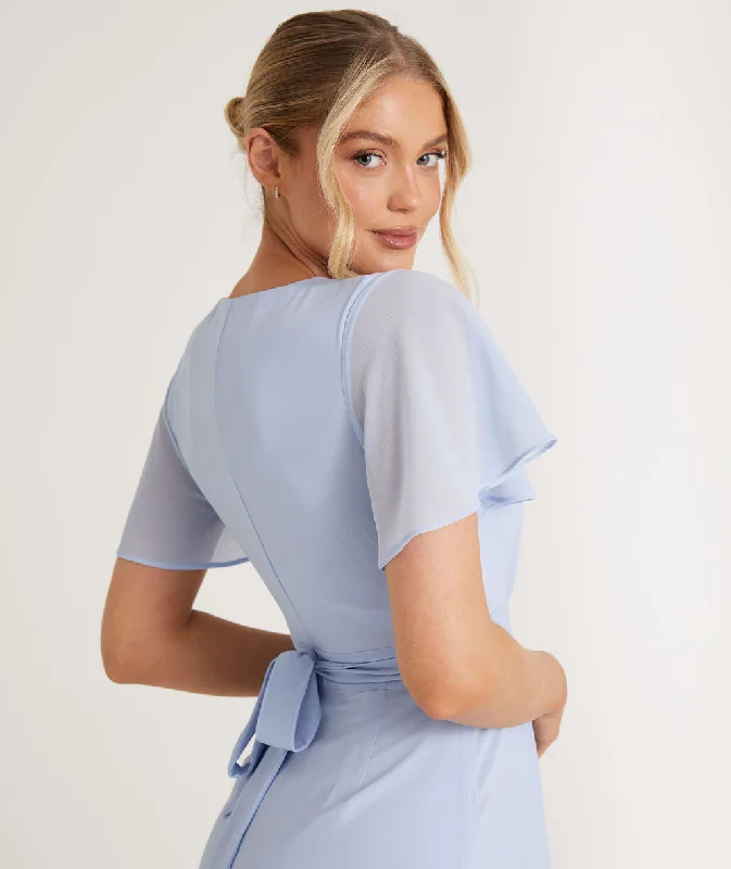 Flutter Sleeve Wrap Tie Chiffon Bridesmaid Dress - Cornflower Blue