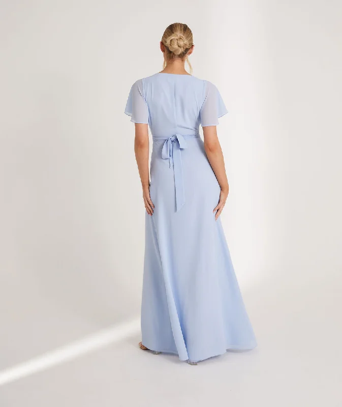 Flutter Sleeve Wrap Tie Chiffon Bridesmaid Dress - Cornflower Blue