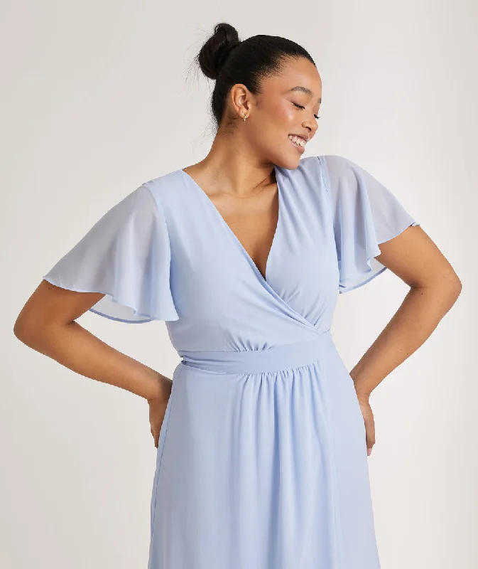 Flutter Sleeve Wrap Tie Chiffon Bridesmaid Dress - Cornflower Blue