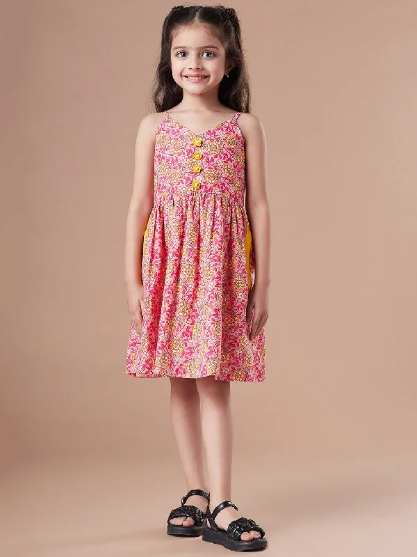 Girls Floral Printed Shoulder Straps Cotton Fit Flare Dress - Ps Peaches