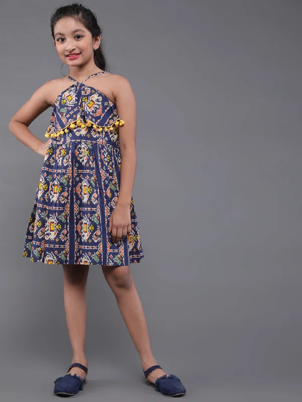 Girl's Blue & Yellow Printed Short Dress With Pom-Pom Details - Aks Girls