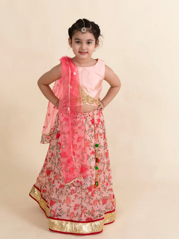 Girls Peach Multicoloured Embellished Ready To Wear Lehenga-Choli With Dupatta - Ps Peaches