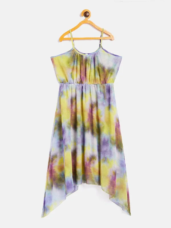 Girls Purple & Yellow Tie-Dye Print Strappy Dress - Lyush Kids