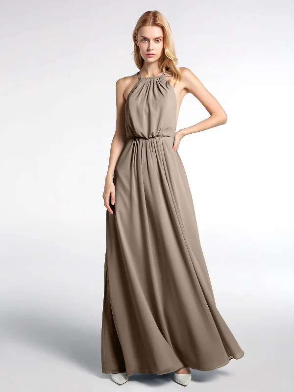 Halter Neck Low Back Chiffon Maxi Sexy Dress-Taupe