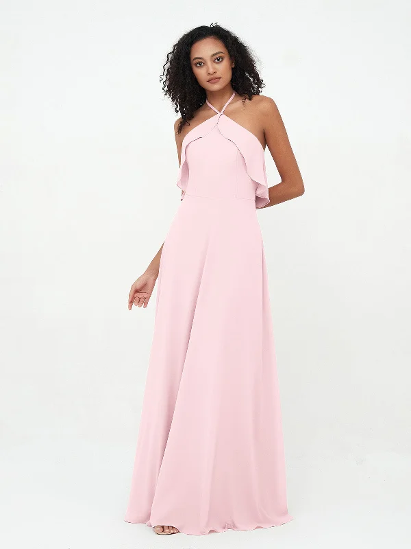 Halter Strap Chiffon Long Bridesmaid Dresses Blushing Pink