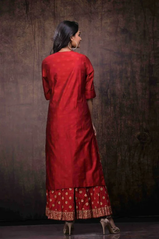 Women's Maroon Chanderi Embroidered 2 Piece Kurta Dress - Juniper