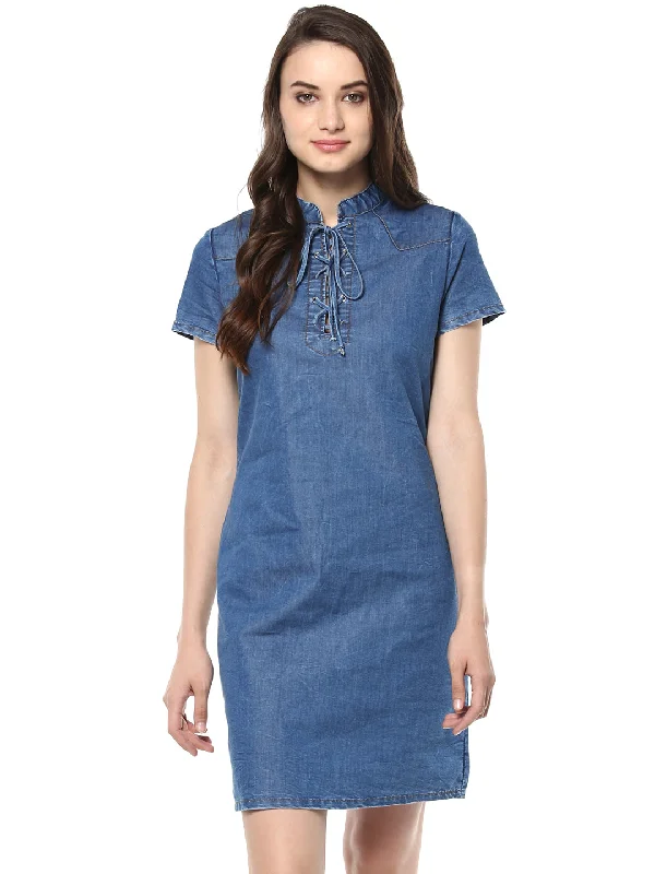 Women's Denim Lace Up Dress - StyleStone