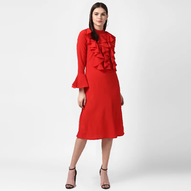 Women's Red Front Ruffle Bell Sleeve Dress - StyleStone