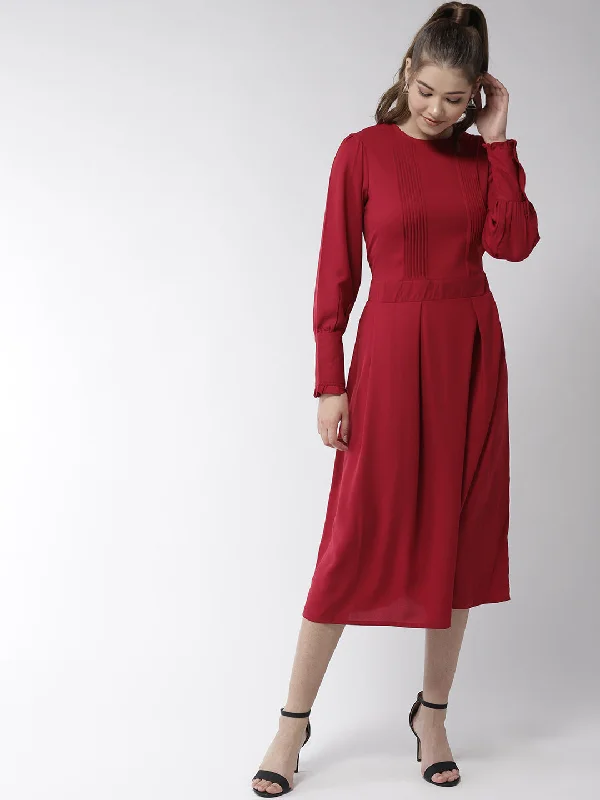 Women's Red Polyester Moss pintuck and pleated Midi dress - StyleStone