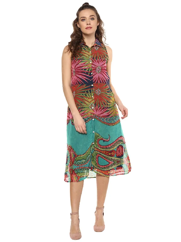 Women's Multicolored Printed Midi Shirt Dress - Stylestone