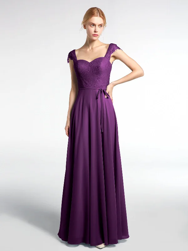 Lace Bodice Chiffon Skirt Dress with Cap Sleeves-Grape