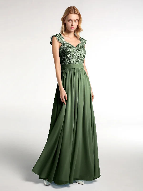 Long Chiffon Dress with Lace Appliqued Bodice-Olive Green