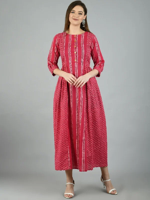 Women's Pink Cotton Printed 3/4 Sleeve Round Neck Casual Dress - Myshka