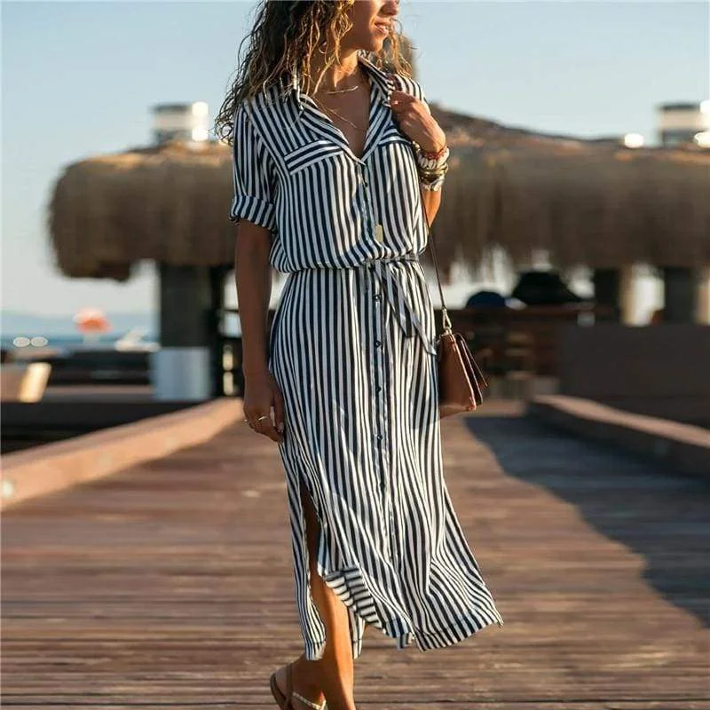 FashionSierra - Office Ladies Stripe Shirt Dress Chiffon Casual Long Sleeve Dress