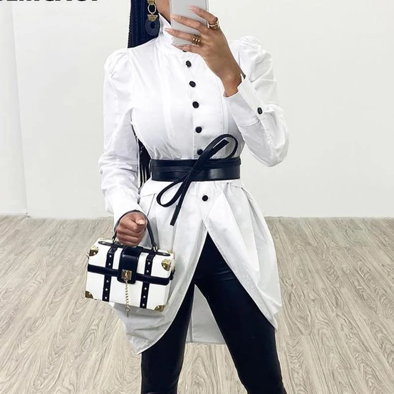 FashionSierra - Office Lady Women Sheath Puff Sleeve Dress Shirts Autumn Turn-down Collar High Sit Slim Knee-length Shirts