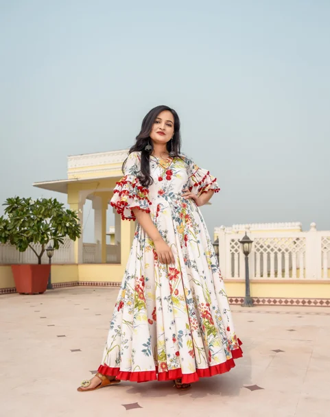 Women's Snow White Floral Dress - Indian Virasat