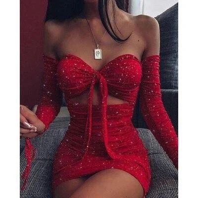 FashionSierra - Spaghetti Strap Glitter Cami Dress Women Off the Shoulde Red Party Dress Summer Sexy Shining Ruched Party Dresses Vestidos