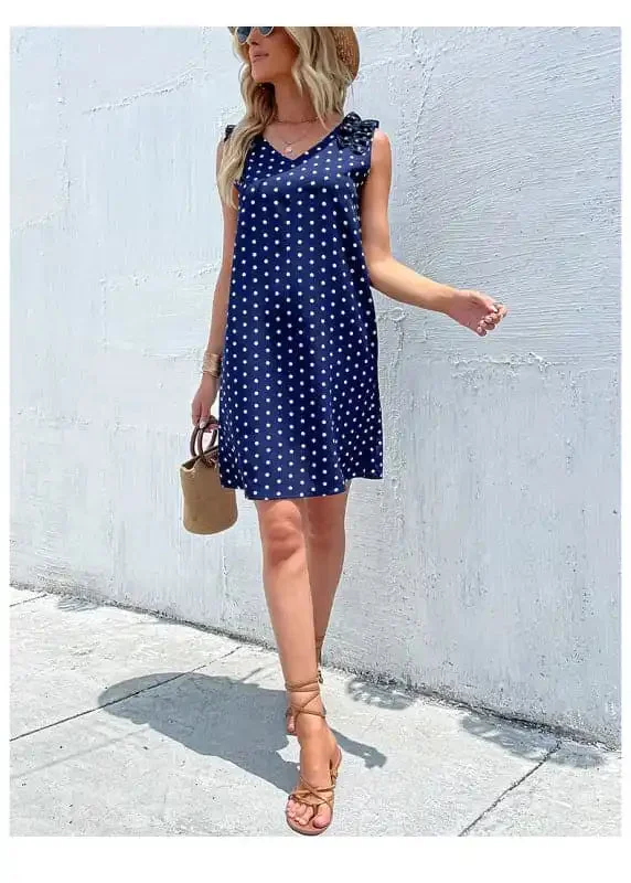 Summer blue polka dot skirt European and American fashion loose dress