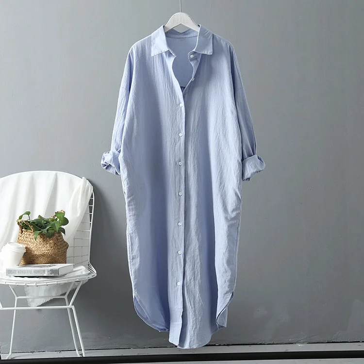 Woman Long Shirt Dress Cotton Korean Clothing White Boho Beach Big Maxi Blue Dresses Spring Summer Oversized Robe