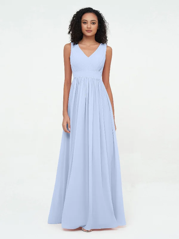 V neck Chiffon Long Dresses with Open Back Sky Blue