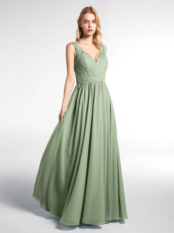 V-neck Lace Top Chiffon Skirt Maxi Dress-Dusty Sage