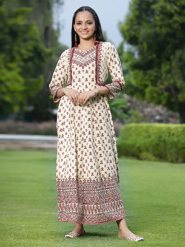 Women's Cream Cambric Printed Anarkali Dress - Juniper