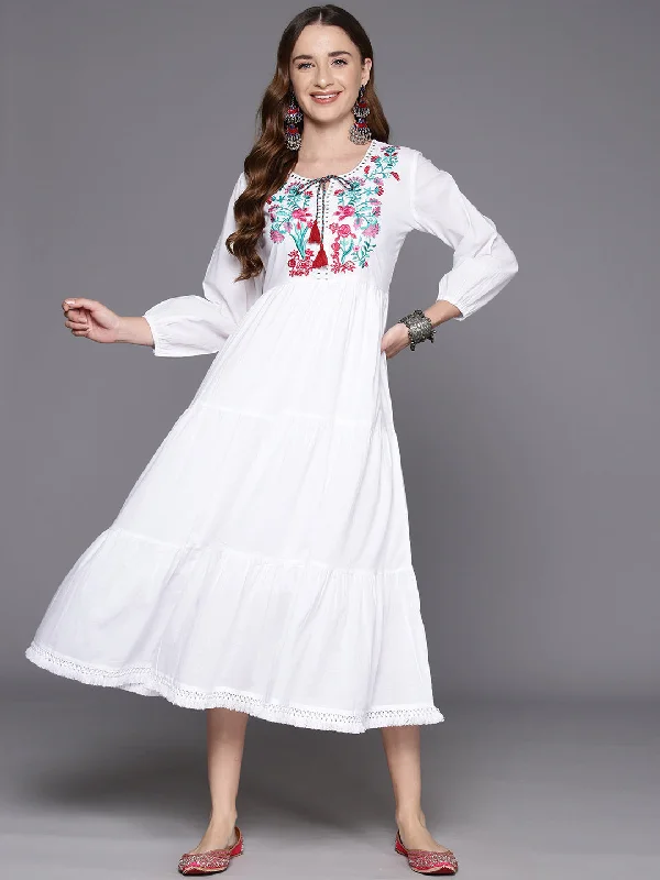 Women's White Embroidered A-Line Smart Casual Dress - Indo Era