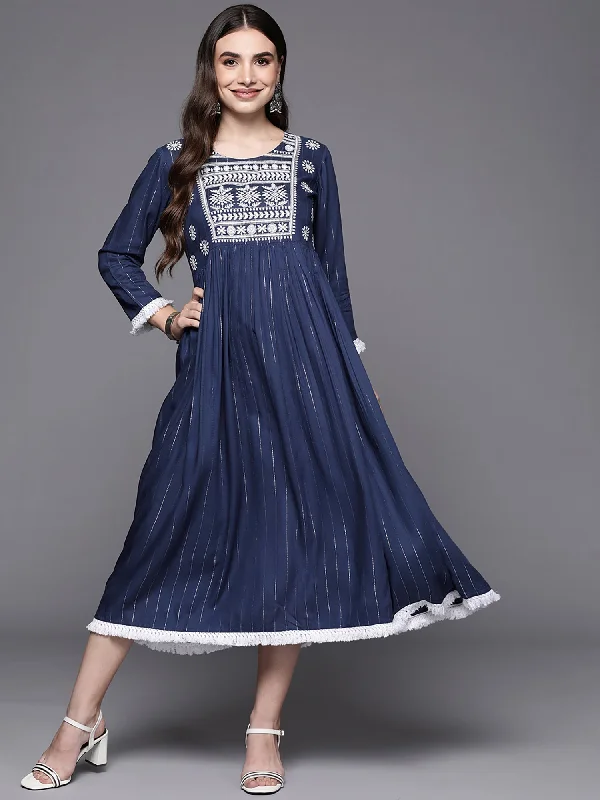 Women's Blue Embroidered A-Line Ethnic Dress - Indo Era