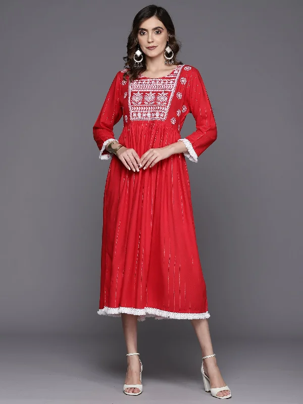 Women's Red Embroidered A-Line Ethnic Dress - Indo Era