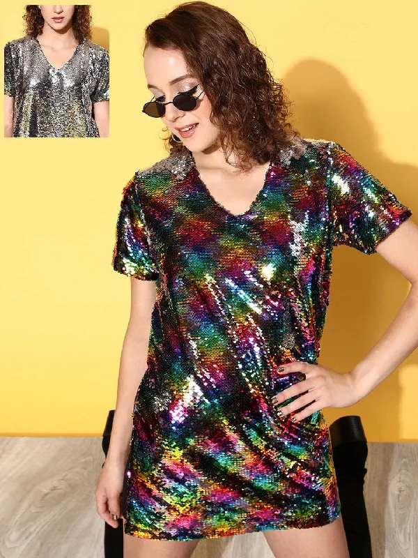 Women's Black Multi-Sequin V-Neck T-Shirt Dress - Lyush