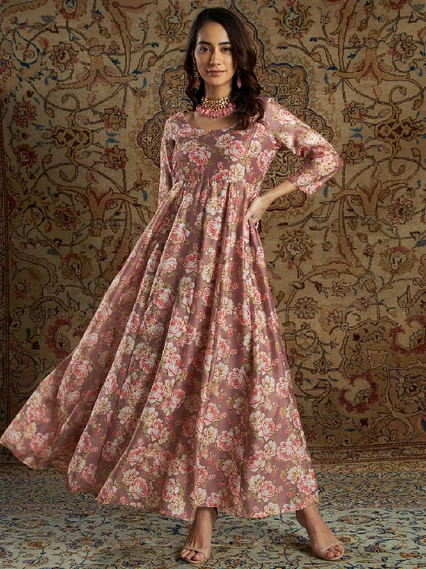 Women's Mauve Chanderi Floral Anarkali Maxi Dress - Lyush