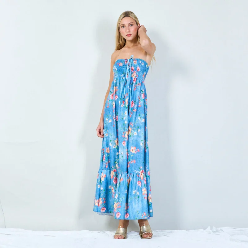 Tube floral print smocked maxi dress wholesale