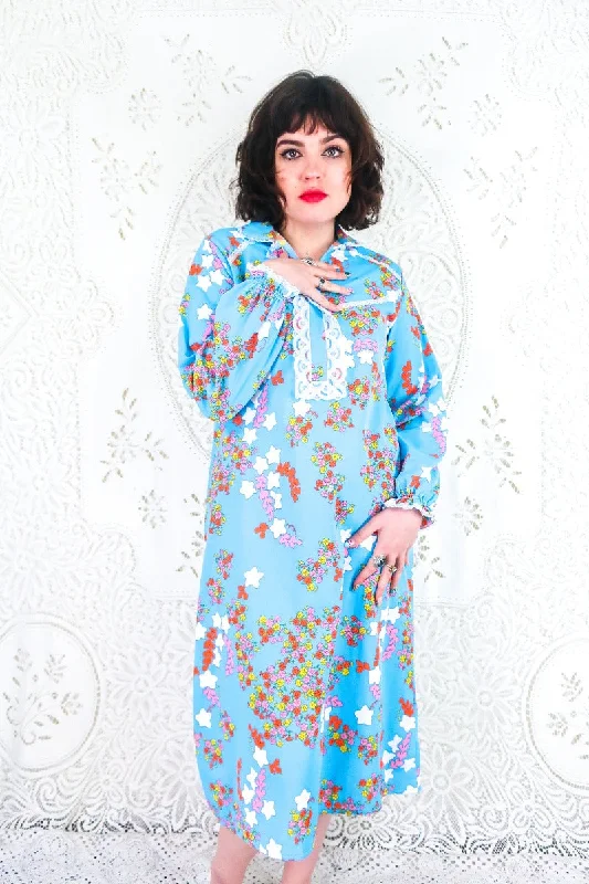 Vintage Midi Dress - Sky Blue with Bright Floral Stars - Size S