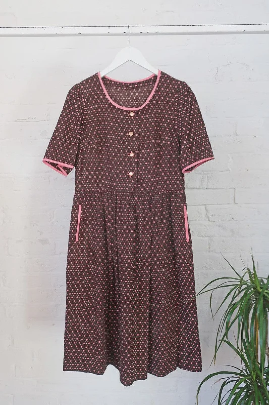 Vintage Midi Dress - Woody Brown & Cherry Blossom Pink Floral - Size S