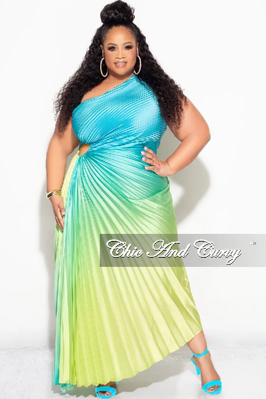 Final Sale Plus Size Satin One Shoulder Asymmetric Pleated Dress with Cut Out in Teal and Green