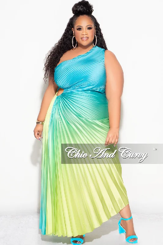 Final Sale Plus Size Satin One Shoulder Asymmetric Pleated Dress with Cut Out in Teal and Green