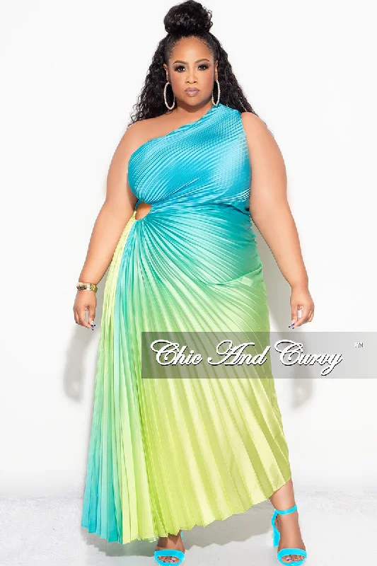 Final Sale Plus Size Satin One Shoulder Asymmetric Pleated Dress with Cut Out in Teal and Green