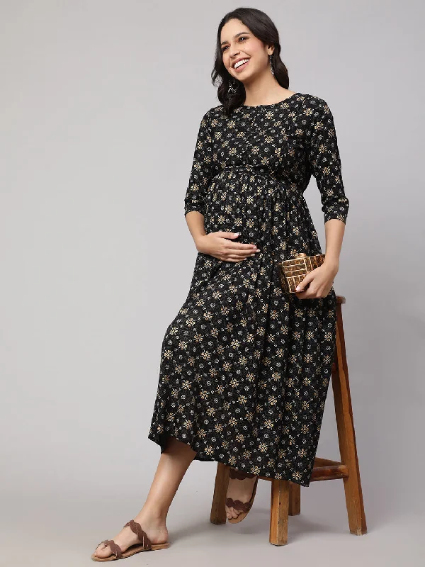 Women's Black & Gold Printed Flared Maternity Dress - Nayo Clothing