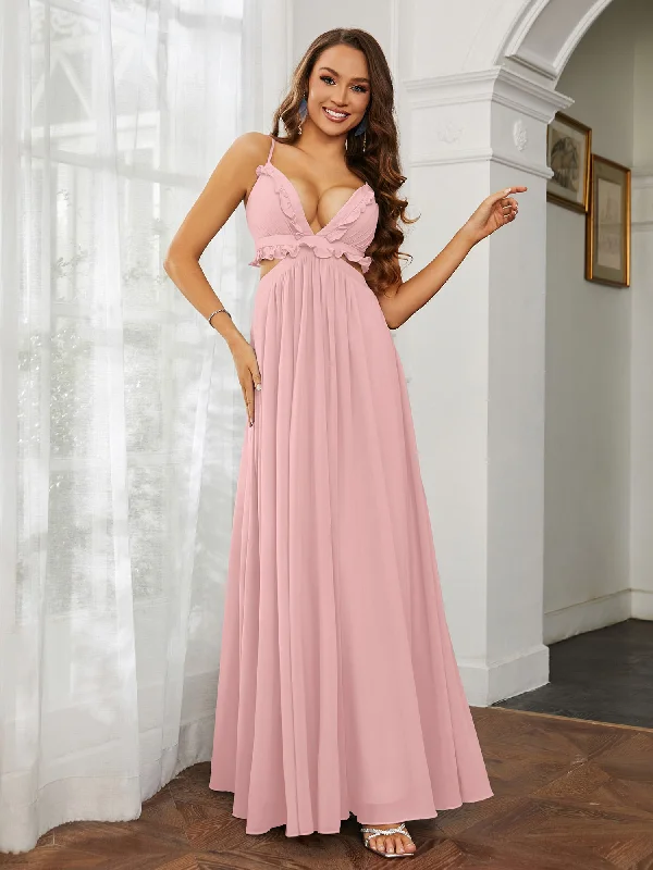 Spaghetti Strap Ruffled Chiffon Cutout Maxi Sexy Dress Dusty Rose